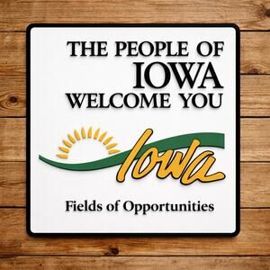 The People of Iowa Welcome You Sign State Entrance Fields of Opportunities